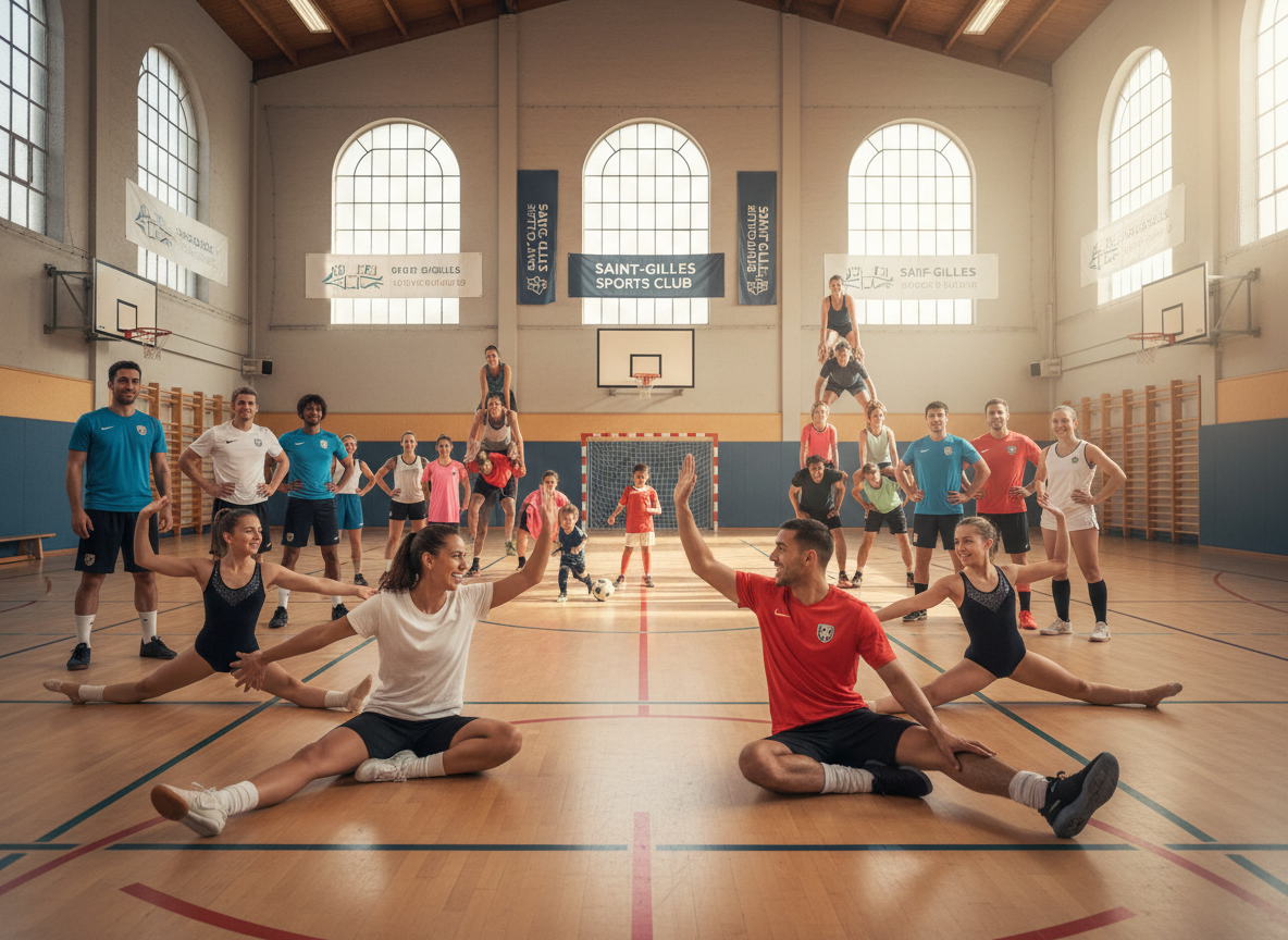 A diverse group of athletes and sports club members gathered together in a sports hall in Saint-Gilles, Brussels. The scene shows people from different sports disciplines — gymnastics, football, basketball — smiling and collaborating. Professional, warm, community atmosphere. Wide angle shot.